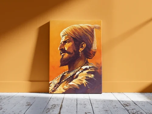 Side profile painting of Chhatrapati Shivaji Maharaj in traditional Maratha attire and turban on a golden-orange canvas background.