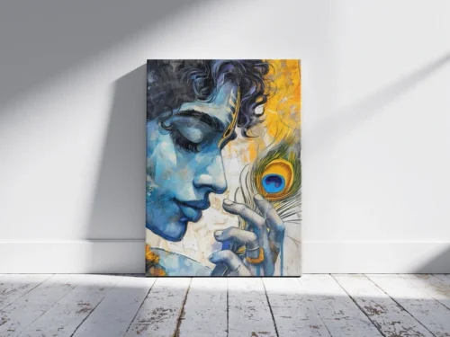 Blue-toned Lord Krishna canvas painting holding a peacock feather, with artistic brush strokes and vibrant yellow accents.