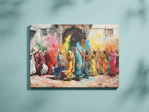 Canvas wall art depicting women celebrating Holi festival, throwing colorful powders in a traditional Indian courtyard.