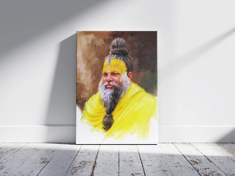 "Premanand Ji wall art canvas painting featuring a serene bearded holy man in yellow attire, perfect for spiritual home or office decor"