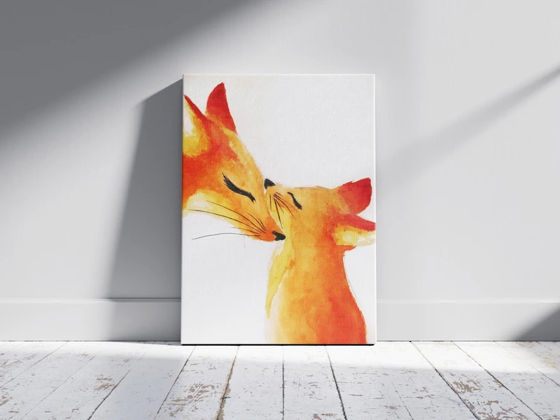 Minimalist orange fox couple canvas wall art showing two foxes affectionately touching noses.