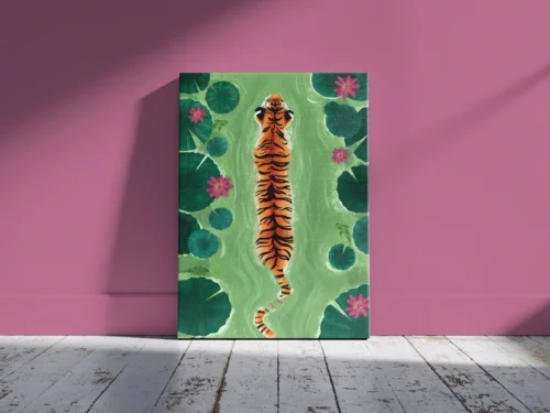 Royal Tiger in Water Canvas Wall Art – Elegant Wildlife Painting Print with Lotus & Lily Pads-14x20 Inch